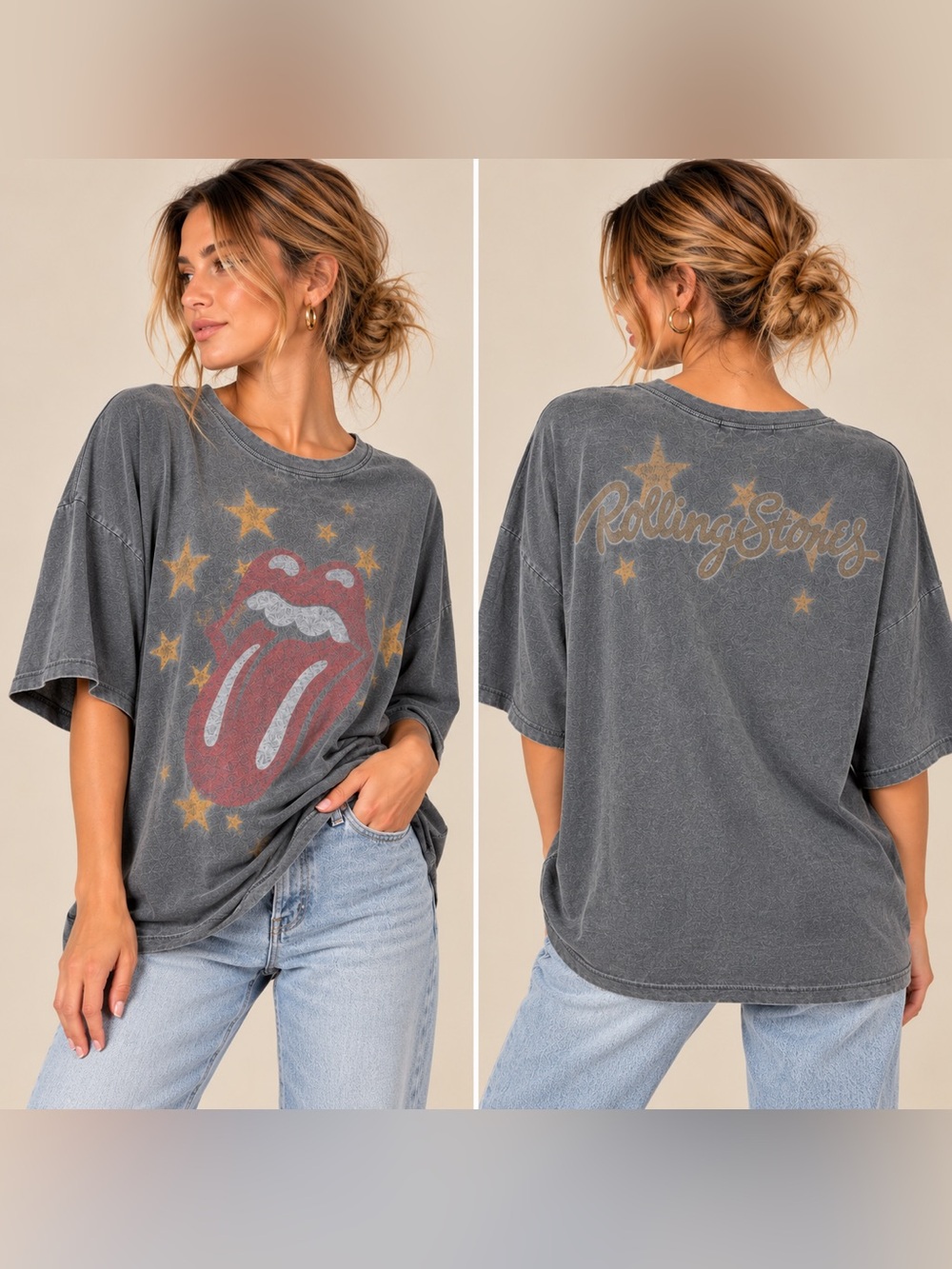 Daydreamer Rolling Stones One Size Tee Stars Oversized Washed Grey Band Tee